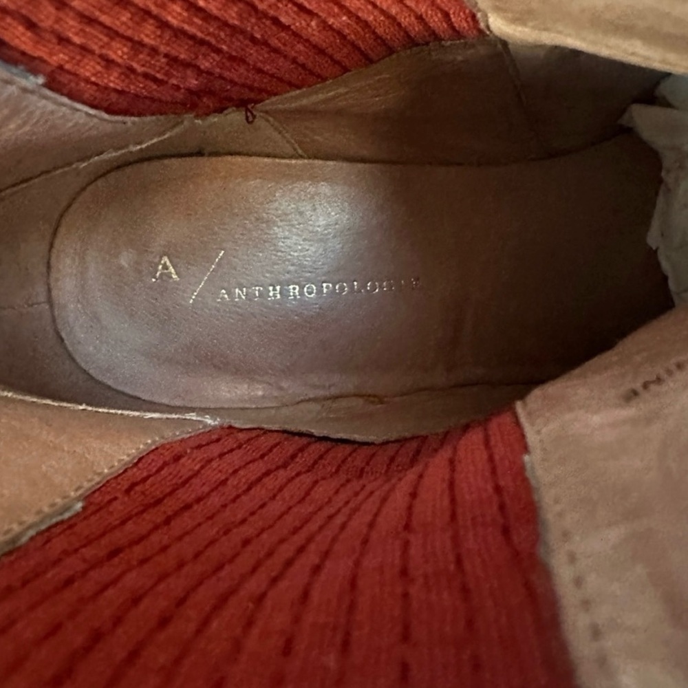 Anthropologie Faux Suede Gold Studded Stack Heel Pull On Boots Rust Orange 6.5 - Picture 10 of 11
